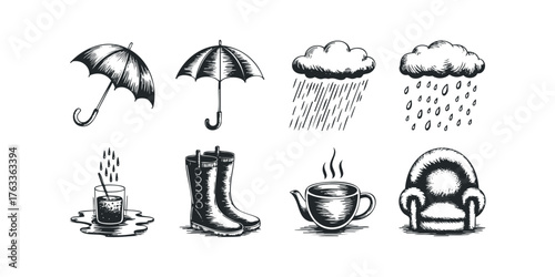 Collection of isolated hand-drawn rain and cozy indoor elements