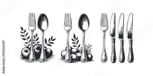 Still life sketch of silverware with produce and foliage