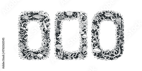 Three ornate black and white floral and natural borders