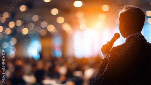 Confident orator delivering insights with a microphone in hand, captivating a large audience during a public speaking event.