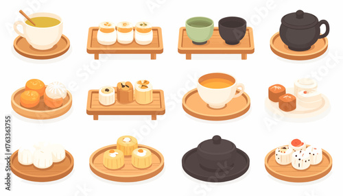 Collection of various tea cups, teapots, and snacks arranged on wooden serving trays.