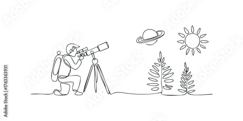 Person gazes through telescope at planet and sun
