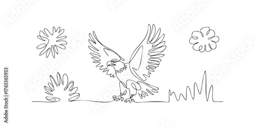 Eagle taking flight and decorative shapes in minimal line drawing