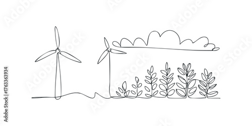 Wind turbine and plants minimalist continuous line drawing