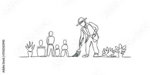 Person sweeping near potted plants and group of figures