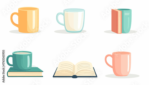 Illustration of six objects: three mugs in yellow, white, and pink, and three books, one closed, one open, and one stacked with a mug.