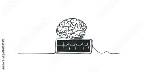 Abstract continuous line drawing of a brain and heartbeat monitor