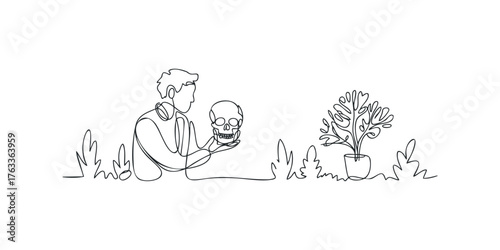 Man contemplates skull next to potted plant with foliage