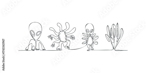 Alien figures and plant in continuous line drawing style