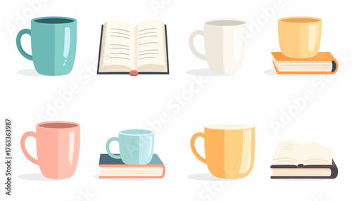 Collection of colorful coffee mugs and books arranged in a simple, flat illustration.