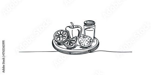 Sketch of fruit and beverage on a circular tray