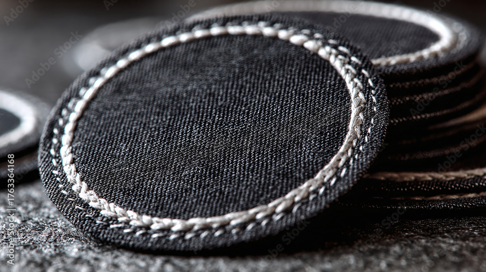 Fototapeta premium A detailed close-up showcases fabric coasters with decorative stitching, highlighting texture and craftsmanship. Black and white color scheme.