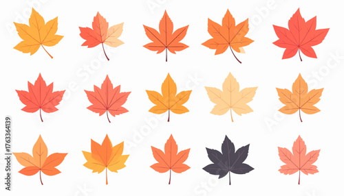 A collection of stylized maple leaves in various vibrant autumn colors on a clean white background.
