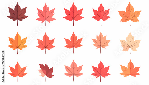 A collection of fifteen stylized maple leaves in various shades of autumnal colors, arranged on a white background.