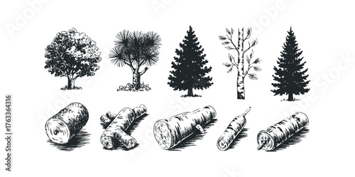 Collection of Hand Drawn Trees and Wood Logs