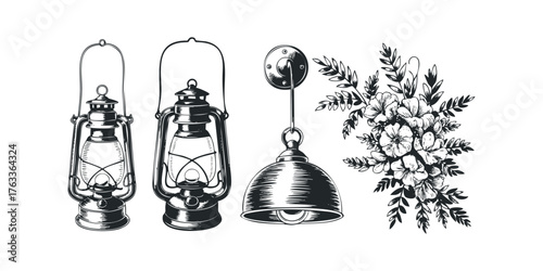 Vintage kerosene lantern and floral accent drawing