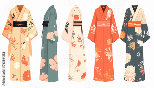 A collection of five elegantly designed kimonos, showcasing diverse floral patterns and vibrant colors, presented from various angles to highlight their intr...