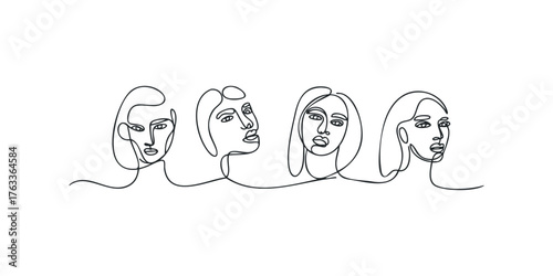 Four abstract faces composed of continuous black line art
