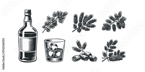 Alcoholic beverage bottle with glass, ice cubes, hops and barrels