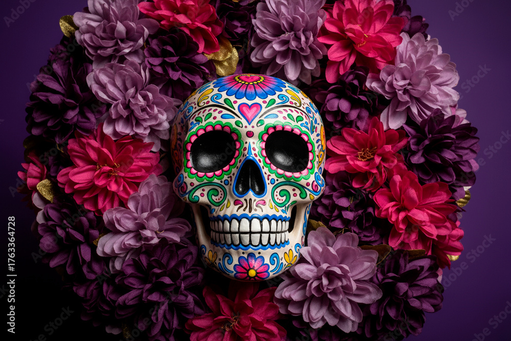 Fototapeta premium Craneo pintado para el dia de los muertos sobre un fondo morado lleno de flores 3D