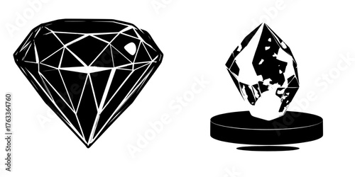 A clipart illustration features a modern floating stone island and magic game crystal, accompanied by an isolated cluster of diamonds and gemstones