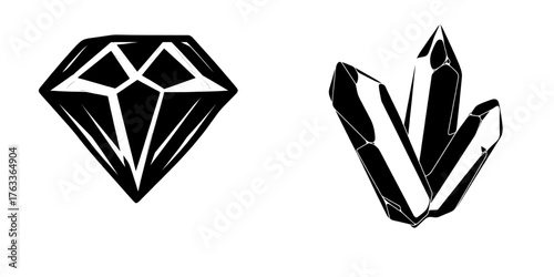 A modern floating stone island with a magic game crystal is depicted in a clipart illustration featuring isolated gemstones and diamonds