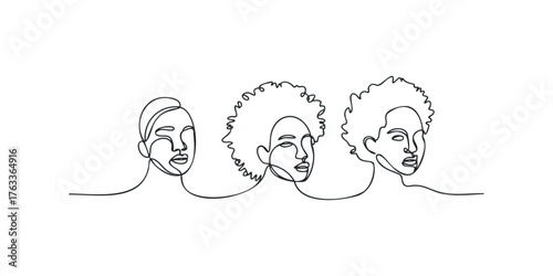 Three abstract Black women faces in continuous line style