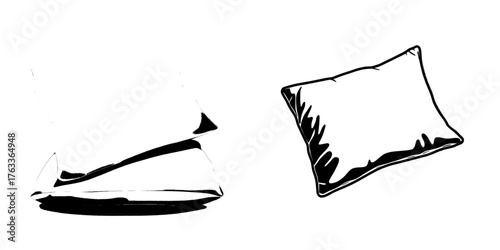 The illustration features a square-shaped sofa with a 3D white cushion, a feather pillow, and a cozy inflatable pillowcase, presented as a mockup template and icon set