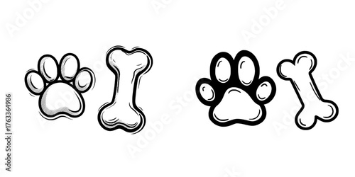 A dog bone icon and a paw print pet icon are depicted in isolation on a white background in this modern illustration