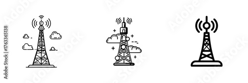 Flat style antenna tower icon, representing a modern broadcasting illustration set against a white isolated background, symbolizing a wifi business concept