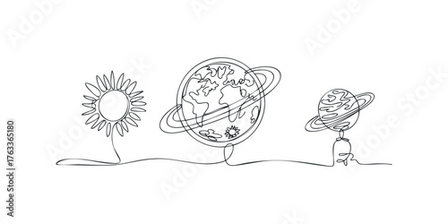 Continuous line drawing of sun, Earth, and Saturn