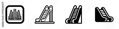 A web icon featuring a flat escalator down symbol is available, along with a simple elevator sign and a silhouette web icon with inverted colors, as well as solid black icons of escalators going up
