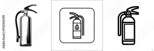 Fire Extinguisher Icon represents Flame Safety Device for Emergency Protection Equipment as a Black and White Sign Symbol