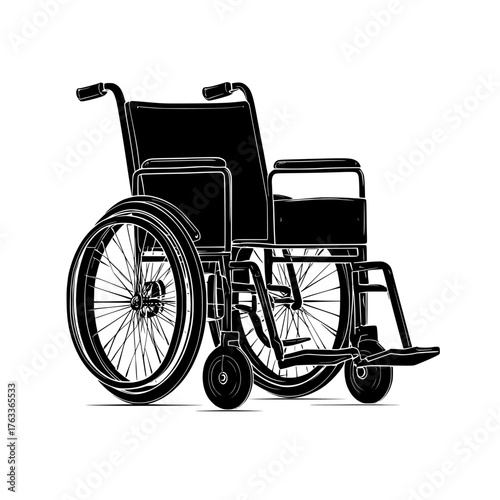 A flat black icon of a wheelchair is depicted on a white background in this modern illustration