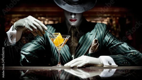 A mysterious man in a hat, gloves, and a striped suit sits at the bar, looking into the camera while stirring a cocktail. Film noir, crime.