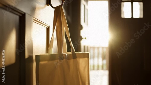 Canvas Bag Hanging on Hook Near Doorway, With Sunlight