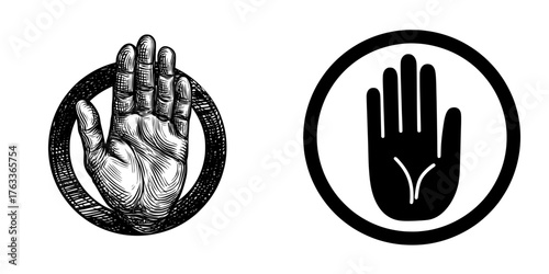 A red restriction circle with a palm inside serves as an icon of prohibition, a gesture indicating danger and a limit sign, also referred to as a hand stop symbol