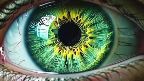 Stunning close-up of vibrant green eye with intricate yellow and white details in iris, showcasing complexity and beauty of human vision