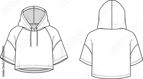 Cropped hoodie technical flat, CAD vector illustration front and back view, short sleeve pullover fashion sketch, modern streetwear apparel design
