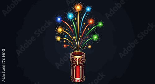 A dynamic concept art illustration of a Roman candle firework, depicted actively shooting multiple colorful 'stars' upwards, signifying a lively celebration. 