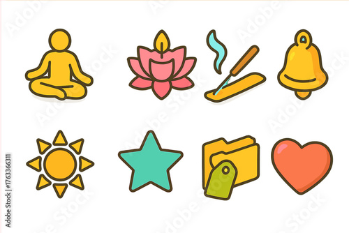 Meditation, wellness flat icon set. Mindfulness, relaxation, yoga icons flat collection
