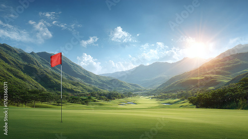 Scenic golf course with a red flag waving against a backdrop of lush green mountains and a sunny sky, promising a day of serene sport.