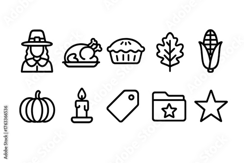 Thanksgiving outline icon set. Celebrate harvest with festive, autumn icons.