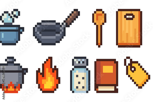 Cooking, kitchen pixel icon set. Retro style for culinary and recipe apps