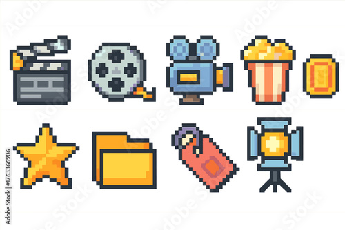 Video production pixel icon set. Camera, cinema, film equipment icons, pixel art style