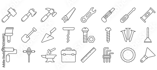 Minimalist Tools line icons set with editable stroke, featuring mallet, ax, hammer, hand saw, wrench, washer, tool box, cutter, bolt, screw, pencil, chainsaw, level, nails. thin linear illustration.