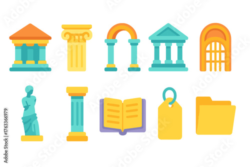 Architecture and history flat icon set featuring columns, buildings, and ancient artifacts