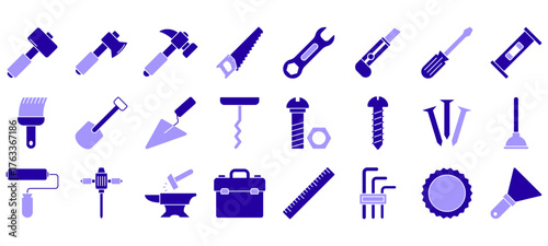 Minimalist Tools line icons set with editable stroke, featuring mallet, ax, hammer, hand saw, wrench, washer, tool box, cutter, bolt, screw, pencil, chainsaw, level, nails. thin linear illustration.