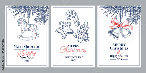 Christmas and New Year greeting cards with hand drawn illustrations.