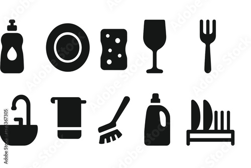 Kitchen cleaning solid icon set. Domestic, hygiene, housework icons collection